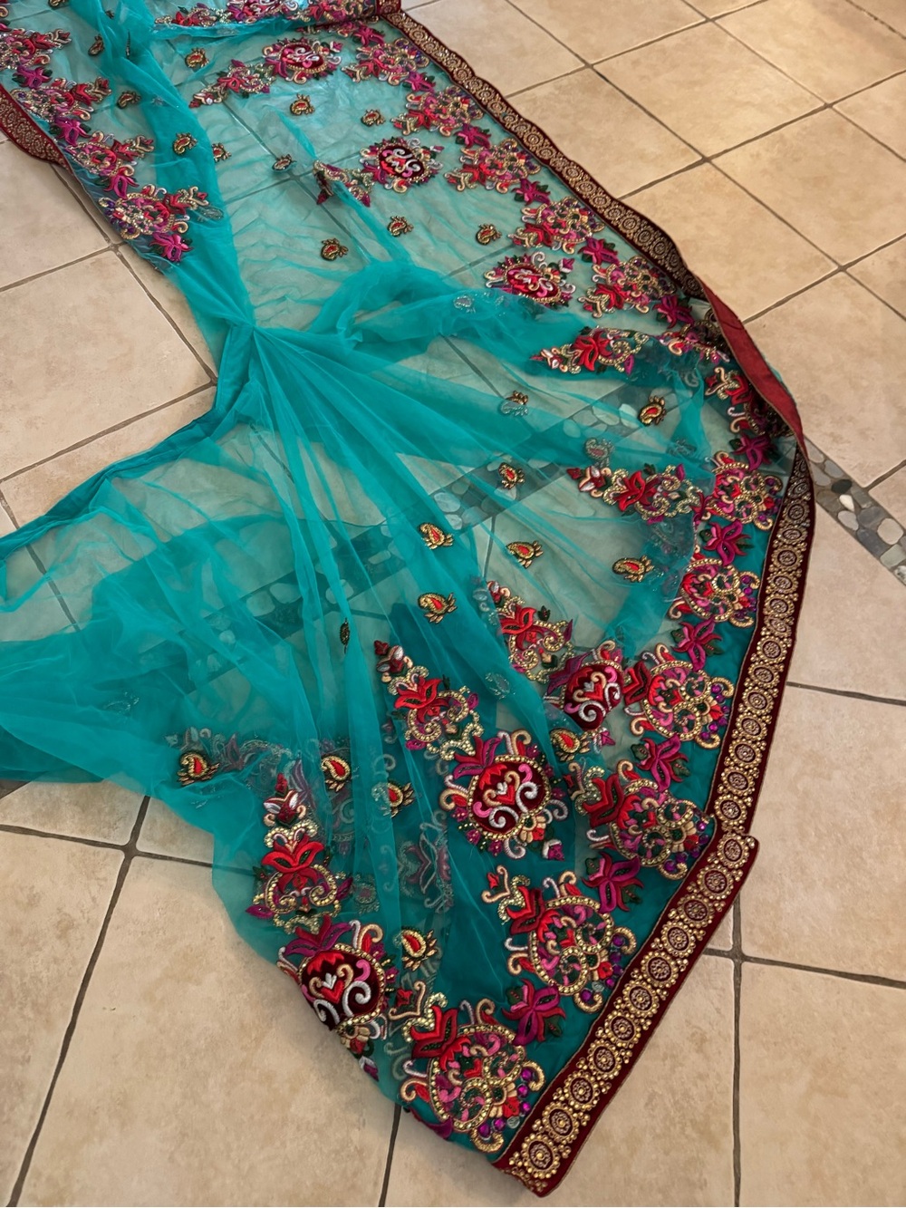 Indian Sari Saree Teal Embroidered Beaded Rhinestone Bridal Formal Fabric Textil